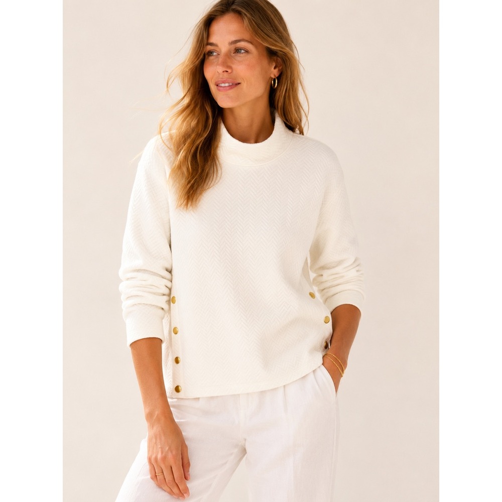 J.Crew Women Quilted Mock Neck Pullover Size S Ivory Gold Button Side Vent Top